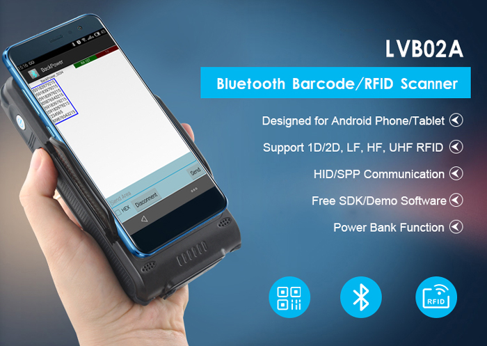 LVB02A High quality Bluetooth RFID Scanner can buit-in 1D/ 2D barcode reader for warehouse management